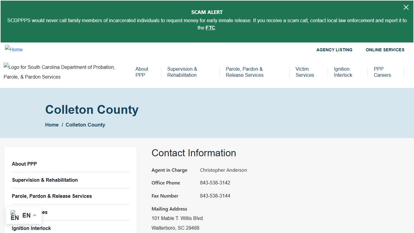 Colleton County South Carolina Department of Probation, Parole and Pardon Services